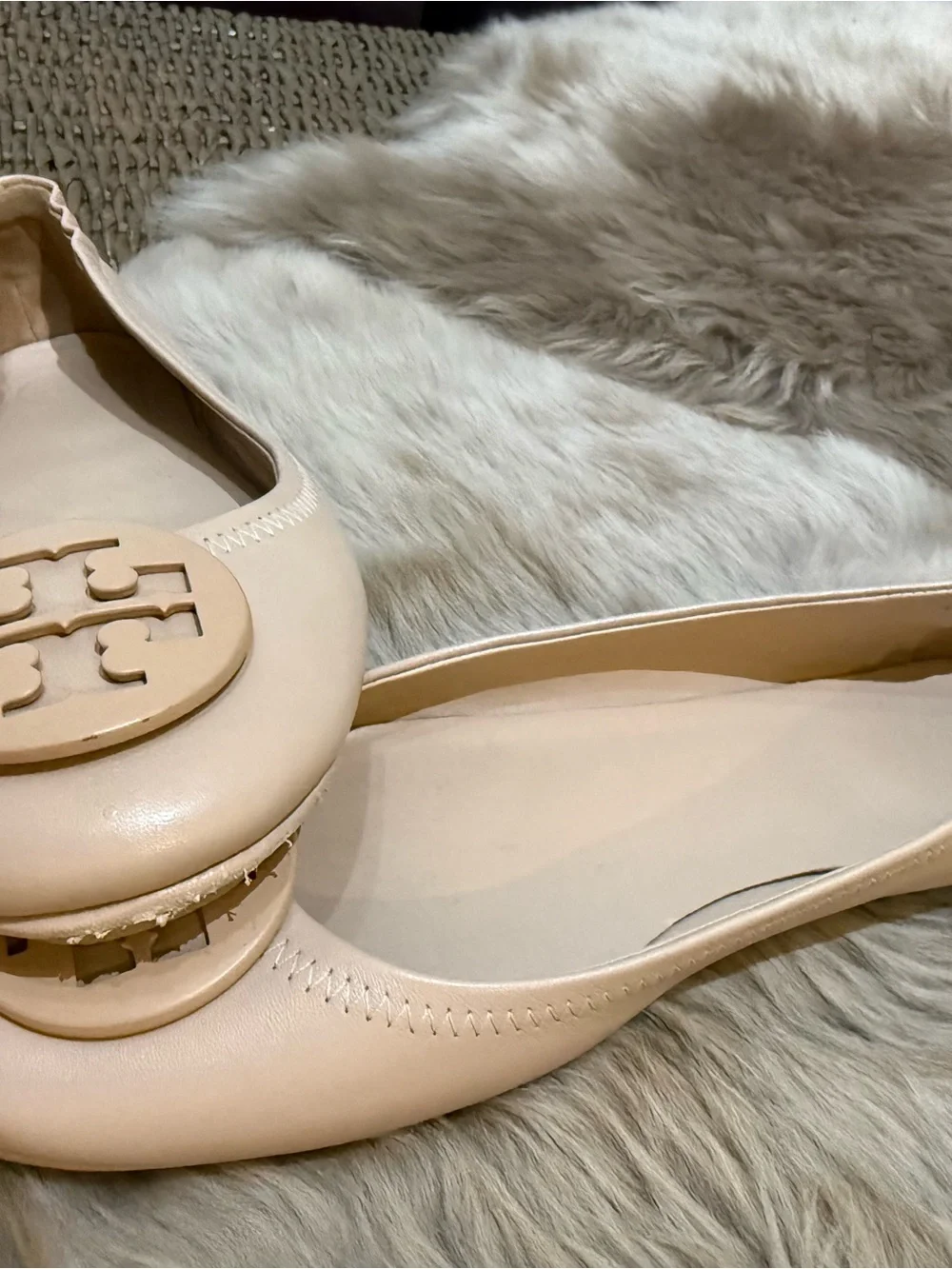 Tory Burch Blush Leather Logo Round-Toe Ballet Flats